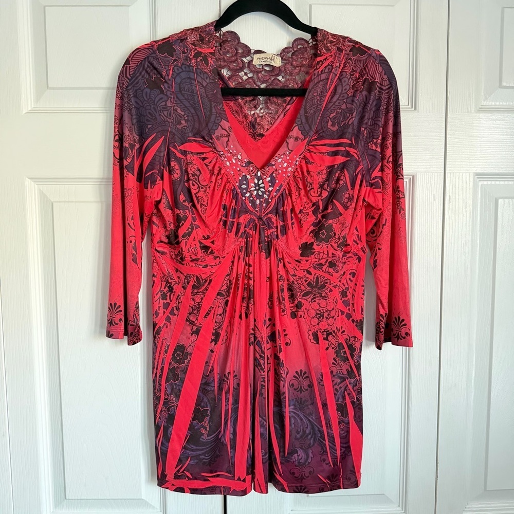 One World Tunic Top Womens Large Floral Crochet Rhinestone Boho V Neck Festival